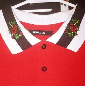 White Polo Shirt with Red Floral Collar